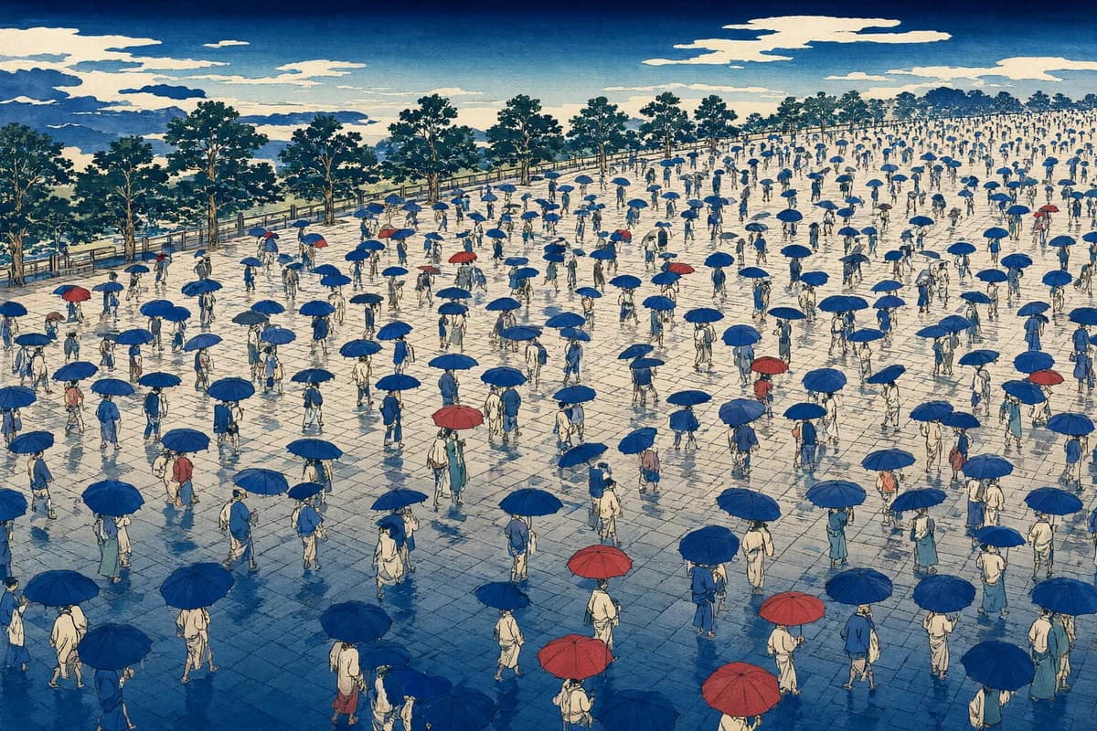 A wide plaza seen from above in the rain, crowded with small figures under indigo umbrellas and a few vermilion ones.