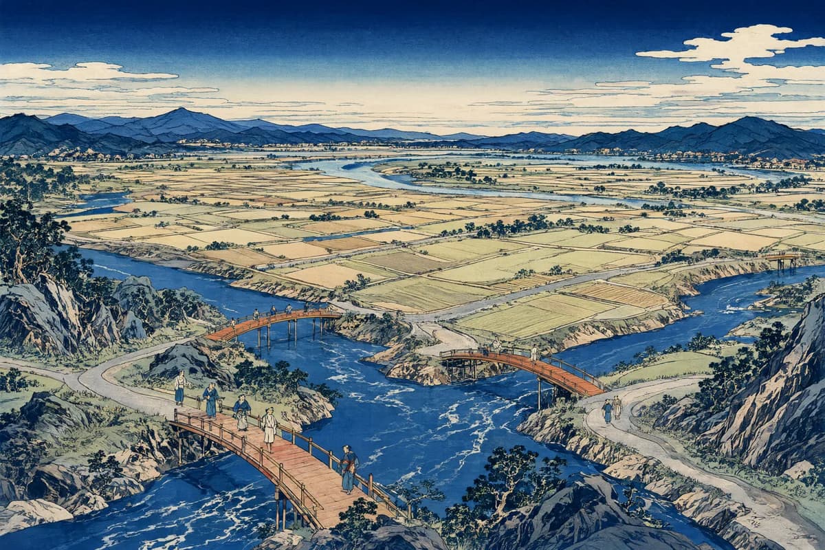 Rivers from different mountains meeting in a broad valley of rice fields at dawn, crossed by small vermilion bridges.