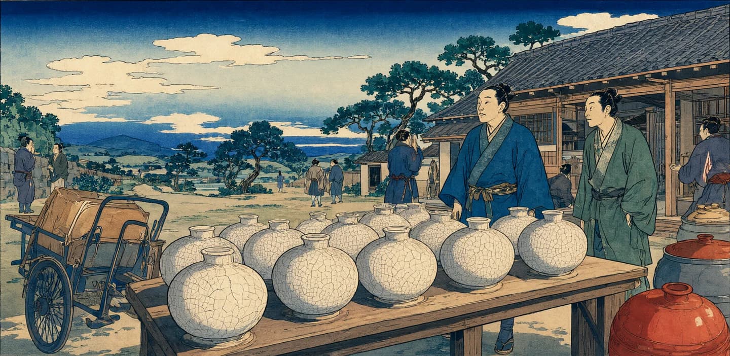 A figure proudly shows a friend a table of new pottery, ready for market.