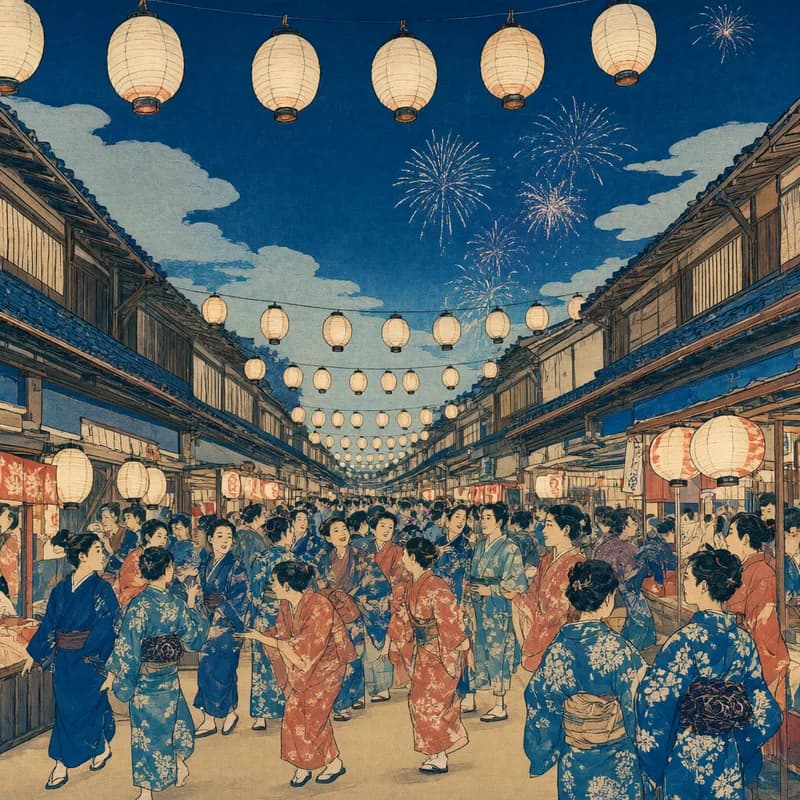 A crowded festival street at night under glowing lanterns.