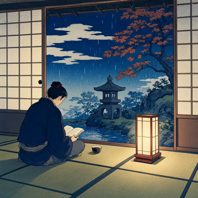 A figure reading by lamplight in a quiet room as rain falls outside.