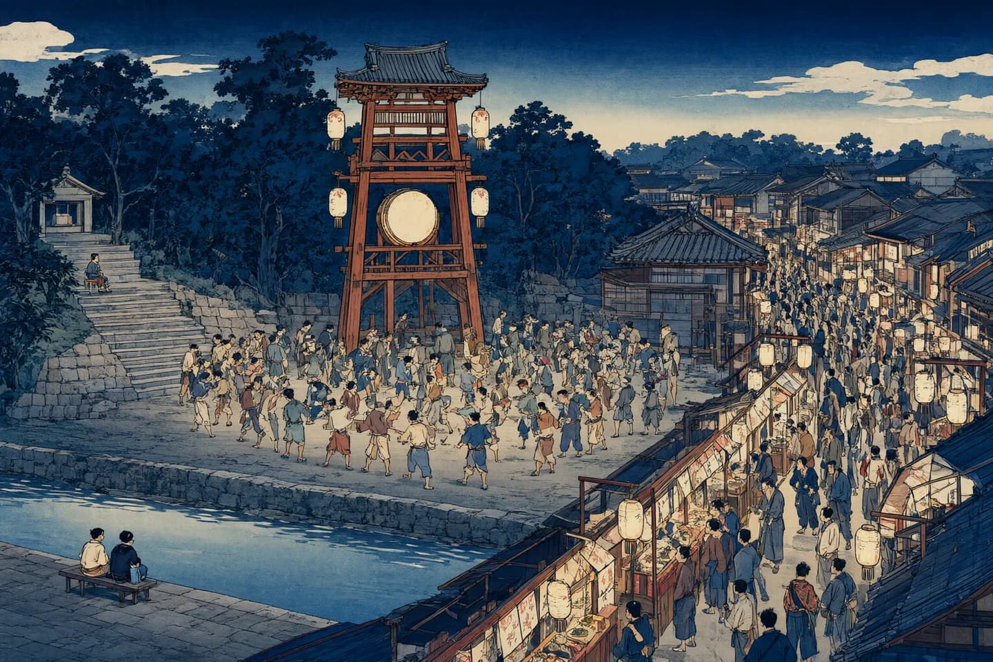 A summer night festival in a riverside town, seen from above.