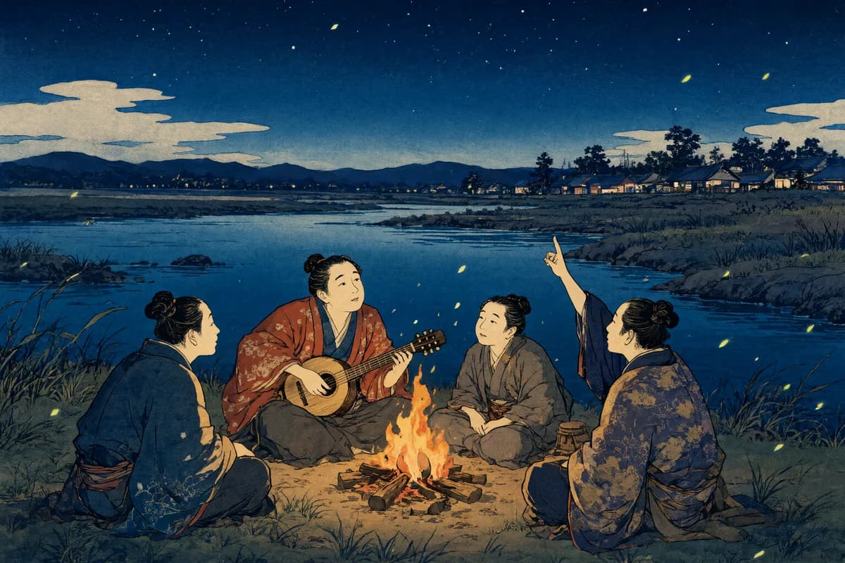 Four friends sit around a campfire on a riverbank at night; one plays a stringed instrument and another points at the stars.